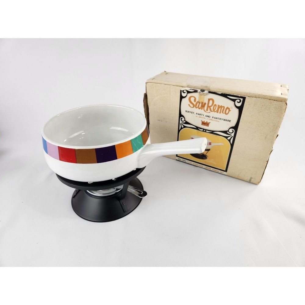 MCM Vintage Imperial San Remo Rainbow Enamel Party Cheese Fondue 1.5 Qt‎ Set Box